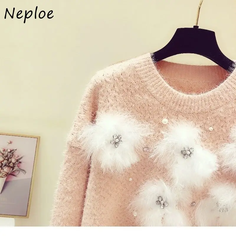 Neploe Autumn 2024 New Rhinestone Furry Decorative Knitted Pullovers Women Crewneck Sweater Woman Outer Wear Loose Tops Mujer