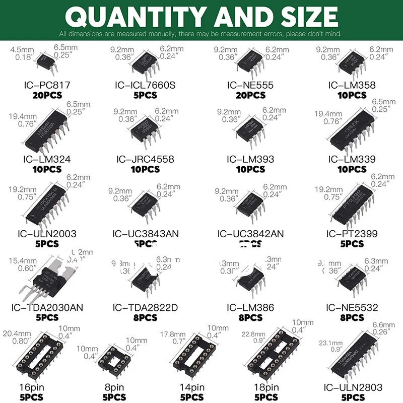 169Pcs 21 Values Integrated Circuit Chip Assortment Kit, 2.54mm IC Sockets 8 14 16 18 Pins, LM324 LM358 LM386 LM393 LM339 NE5532