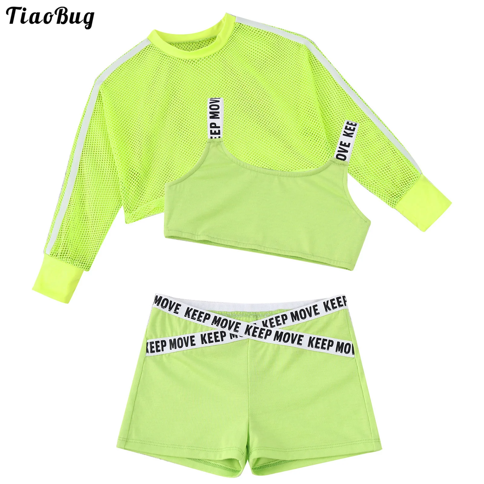 

TiaoBug Summer 3Pcs Kids Girls Swimming Suit Straps Crop Vest With Hollow Out Breathable Net Cover Up Tops And Shorts Set