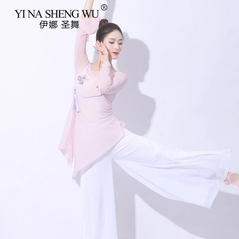 Elegant Chinese Classical Dance Shirt Long Sleeve Sexy Transparent Mesh Body Rhyme Top Profession Dancer Practice Clothing Set