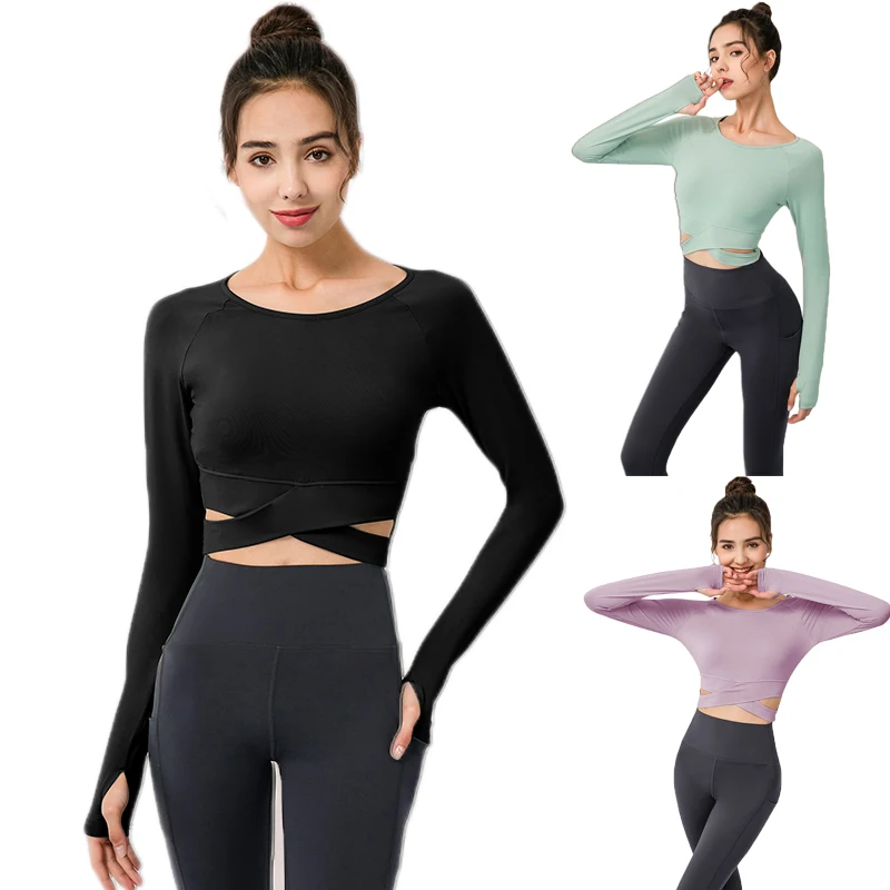 

Lovmove Long Sleeve Running Shirts Women Sexy Exposed Navel Yoga T-shirts Famale SportWear Sport Shirts Fitness Gym Crop Tops