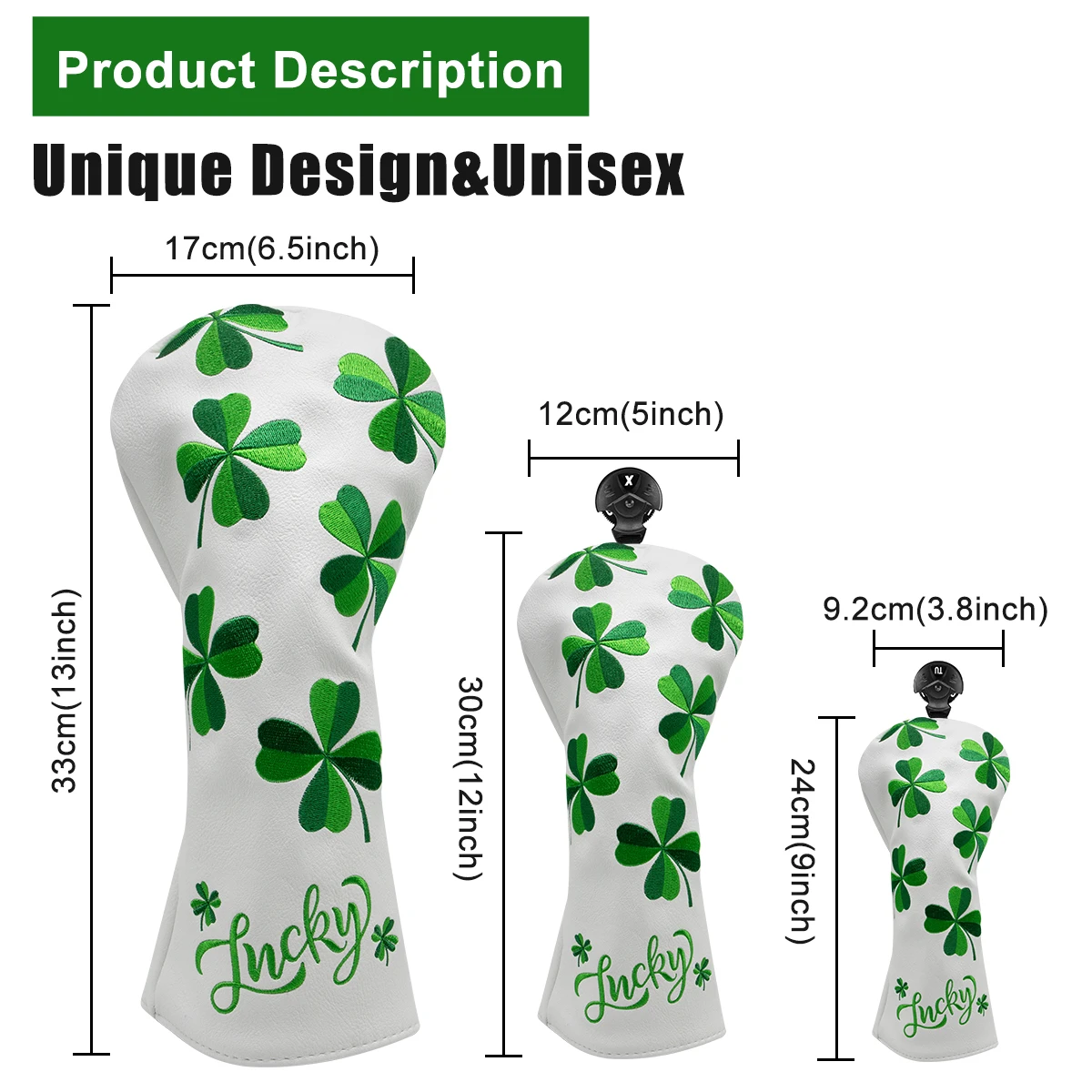 Premium Leather Golf Headcovers, Lucky Clover Driver Fairway Wood Hybrid Mallet Blade Putter Cover, Fits Golf Headcovers