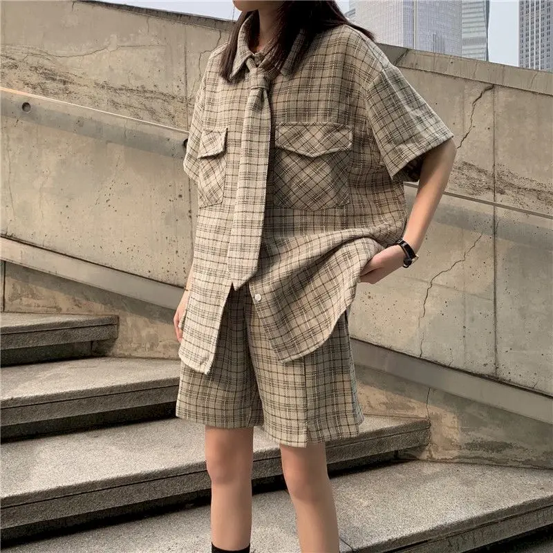 Women's Suits Shorts Fashion Suits Korean Loose Fashion Retro Short Sleeve Plaid Shirt Split Plaid Shorts 2 Piece Set Summer New