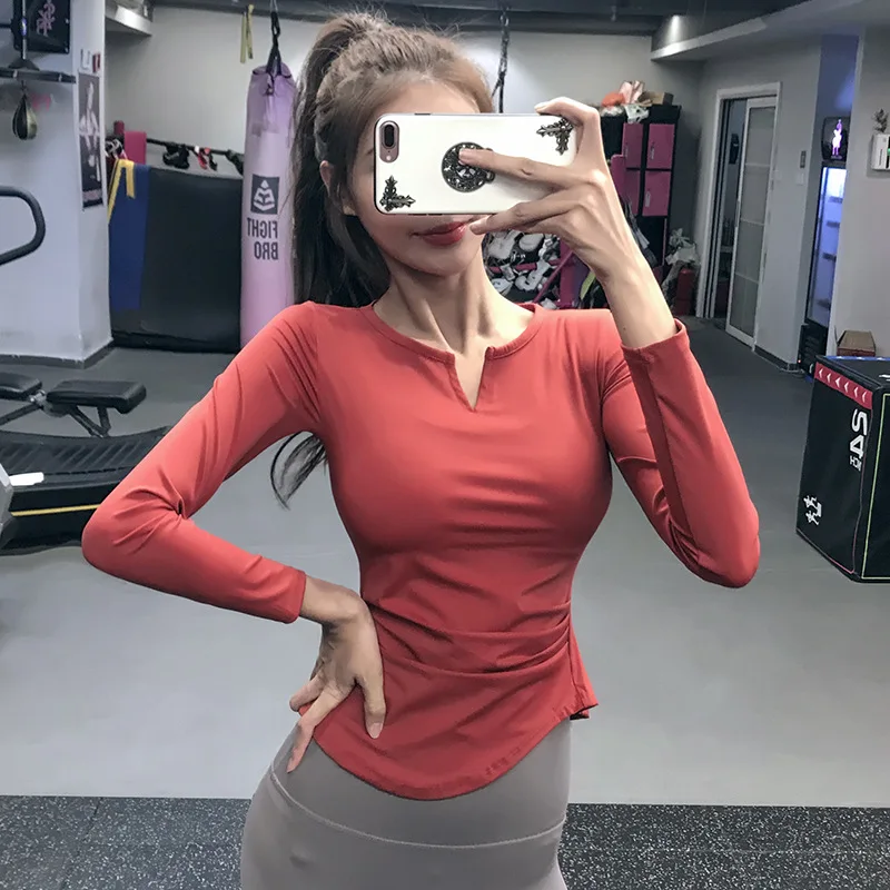 Women Yoga Long Sleeve Shirts Top Sexy V-neck Show Thin Running Solid Sports T-shirts Quick Dry Fitness Gym Crop Tops Sport Wear