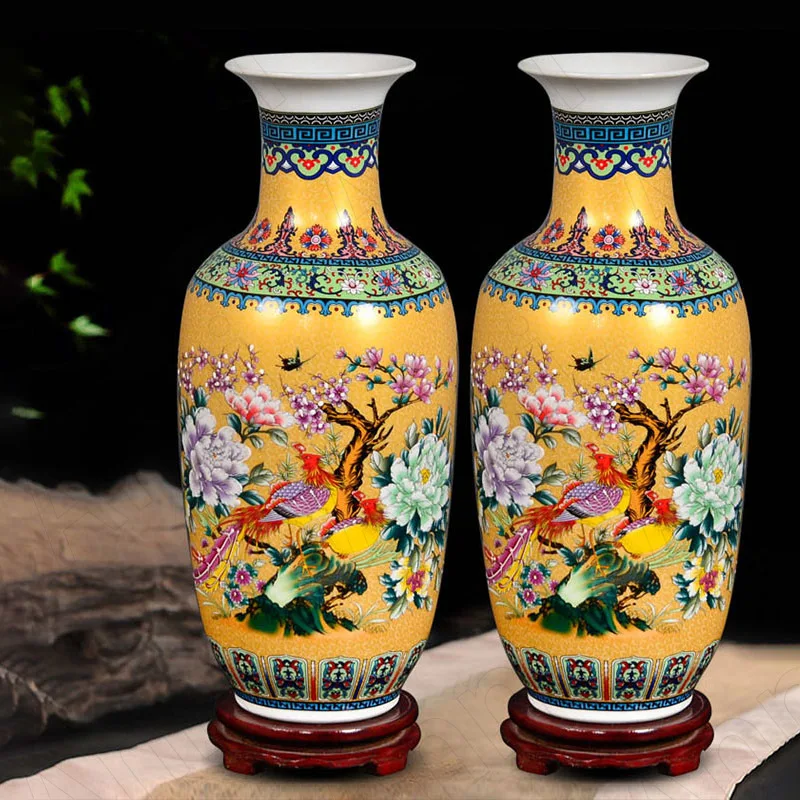 Creative Painted Ceramic Vases Chinese Vintage Enamel Applique Craft Ornaments  Blue and White Porcelain Countertop Flower Vase