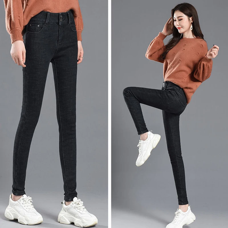 Warm Jeans Pants For Women Plus Size Winter Blue Light blue Solid Skinny Fleeces Thick Pencil Pants with Velvet Denim Trousers