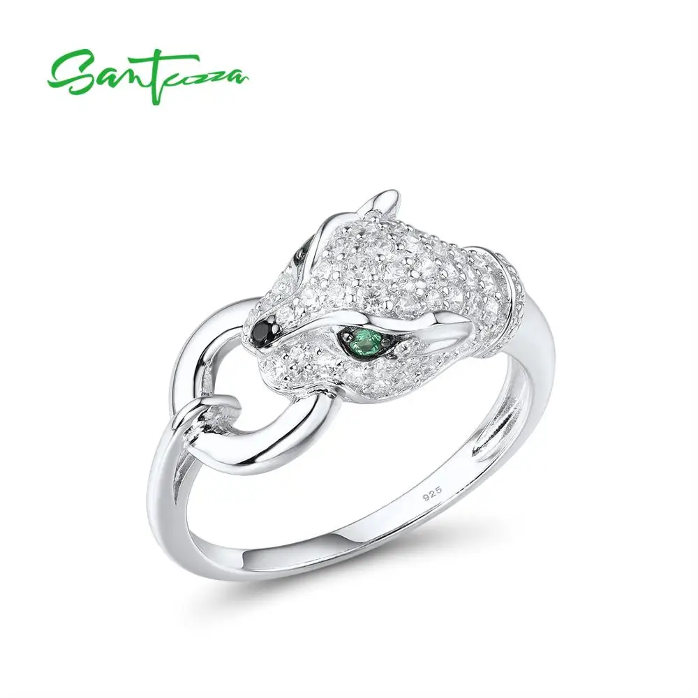 SANTUZZA 925 Sterling Silver Jewelry Set For Women White CZ Green Eyes Ring Earrings Pendant Leopard Set кольца Fine Jewelry