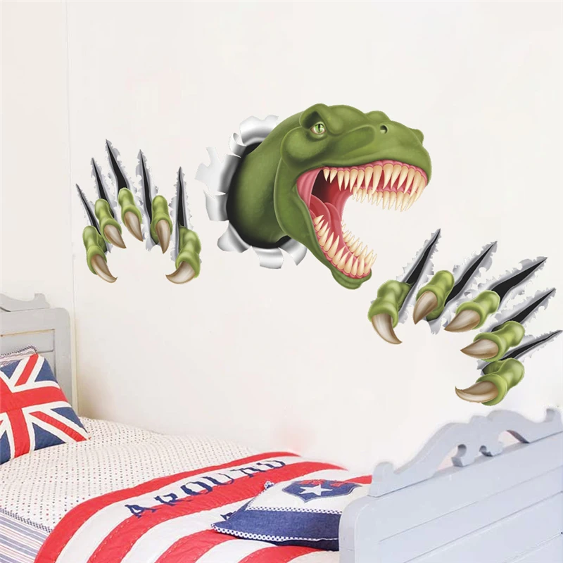 3d Dinosaur Through Wall Stickers For Kids Room Decoration Animal Wall Art Diy Home Decals Creative Removable Peel And Stick