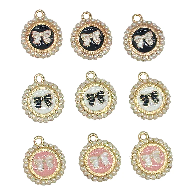 10pcs/lot 15mm Bow Round Pearl Enamel Charms Oil Drop Zinc Alloy Gold-Color Floating Pendant Fashion Jewelry Accessories XL562