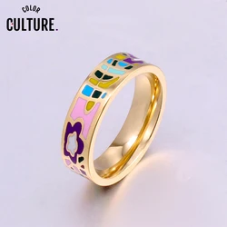 Color Culture Classic Metal Enamel Women Stainless Steel Creative Rings Flower Upscale Jewelry Party Wholesale