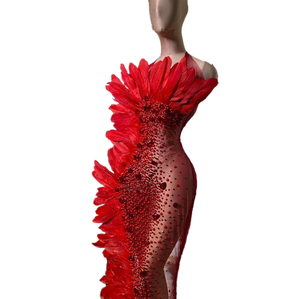 Luxury Red Crystal Evening See Through Mesh Dress Women Banquet Halter Rhinestone Feather Dress Sexy Party Floor Length Dress