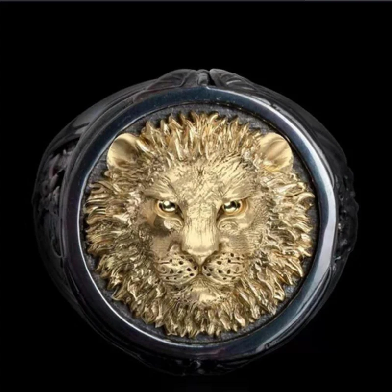 Signet ring male  Vivid big gold lion head man black ring two-color luxury ring punk ring man  angel and devil ring