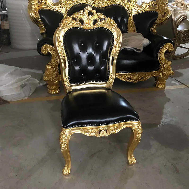 European-style Leather Sticker Golden Dining Chair Solid Wood Carved Wood Chair Accent Chairs for Living Room