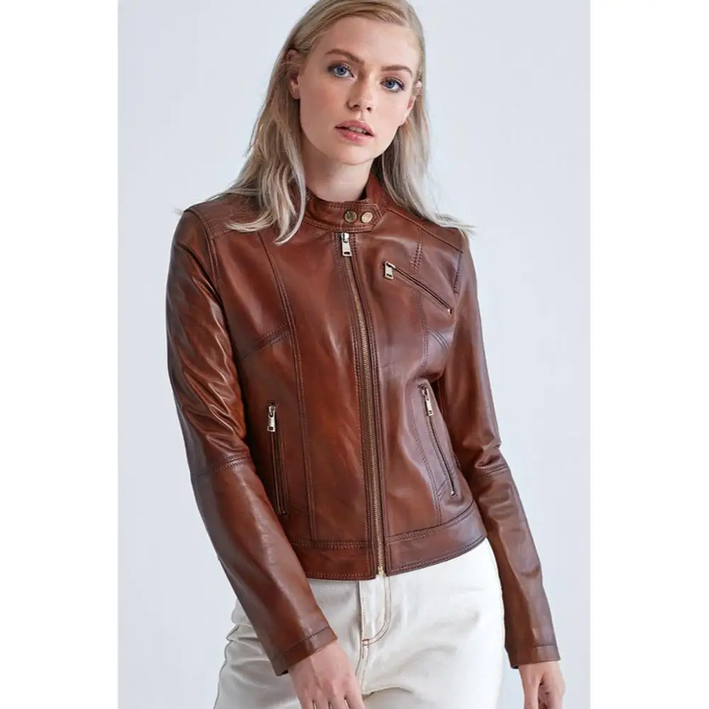 Chaqueta de motorista de piel de oveja auténtica para mujer, abrigos de cuero ajustados, prendas de vestir exteriores informales impermeables, ropa de moda para primavera y otoño