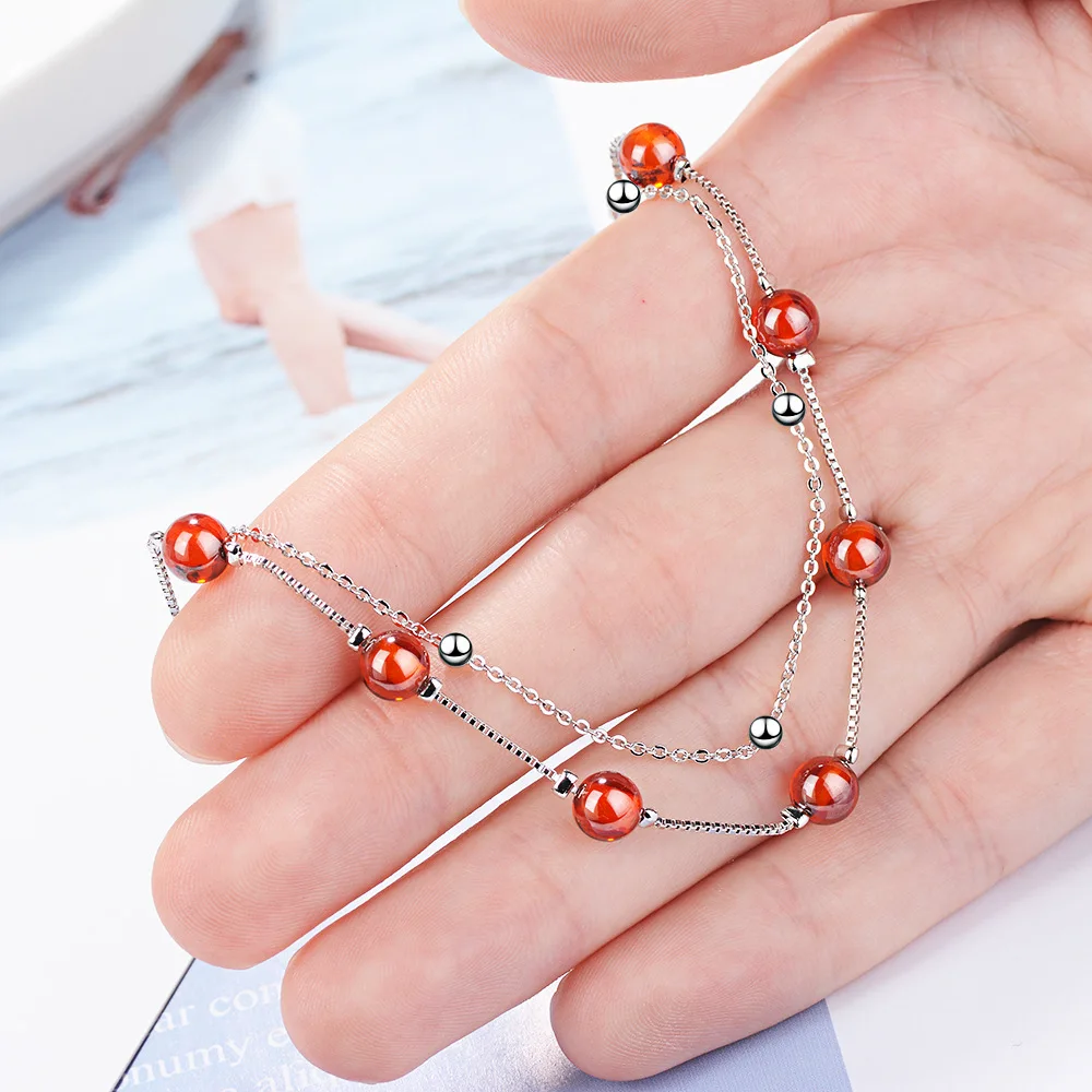 925 Sterling Silver Fashion Women\'s Jewelry Red Garnet Stone Double Layer Beads Bracelet 16cm For Gift Girls Lady Drop Shipping