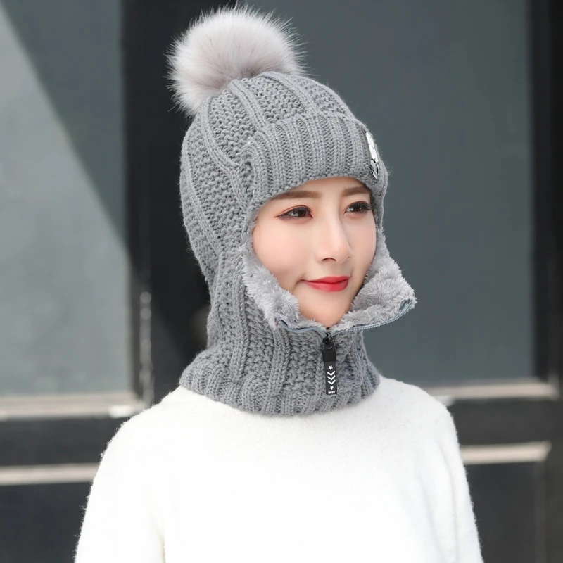 Set Syal Wajah Penghangat Leher Topi Rajut Musim Dingin 2-In-1 Ritsleting Beanie Rajut