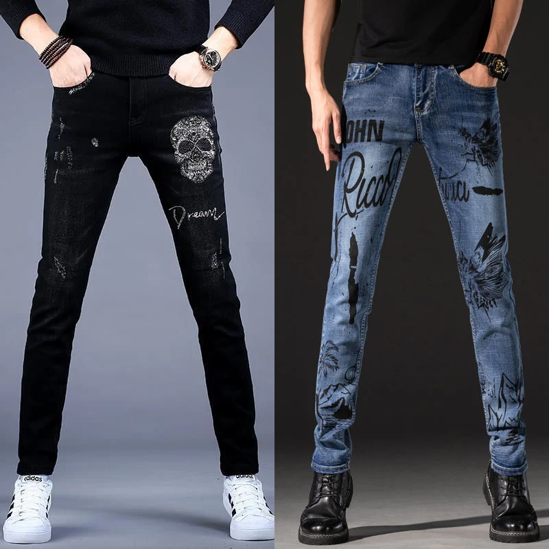 Men’s Light Luxury Skull Embroidery Black Jeans,High Quality Butterfly Prints Blue Jeans,Slim-fit Stretch Denim Pants;