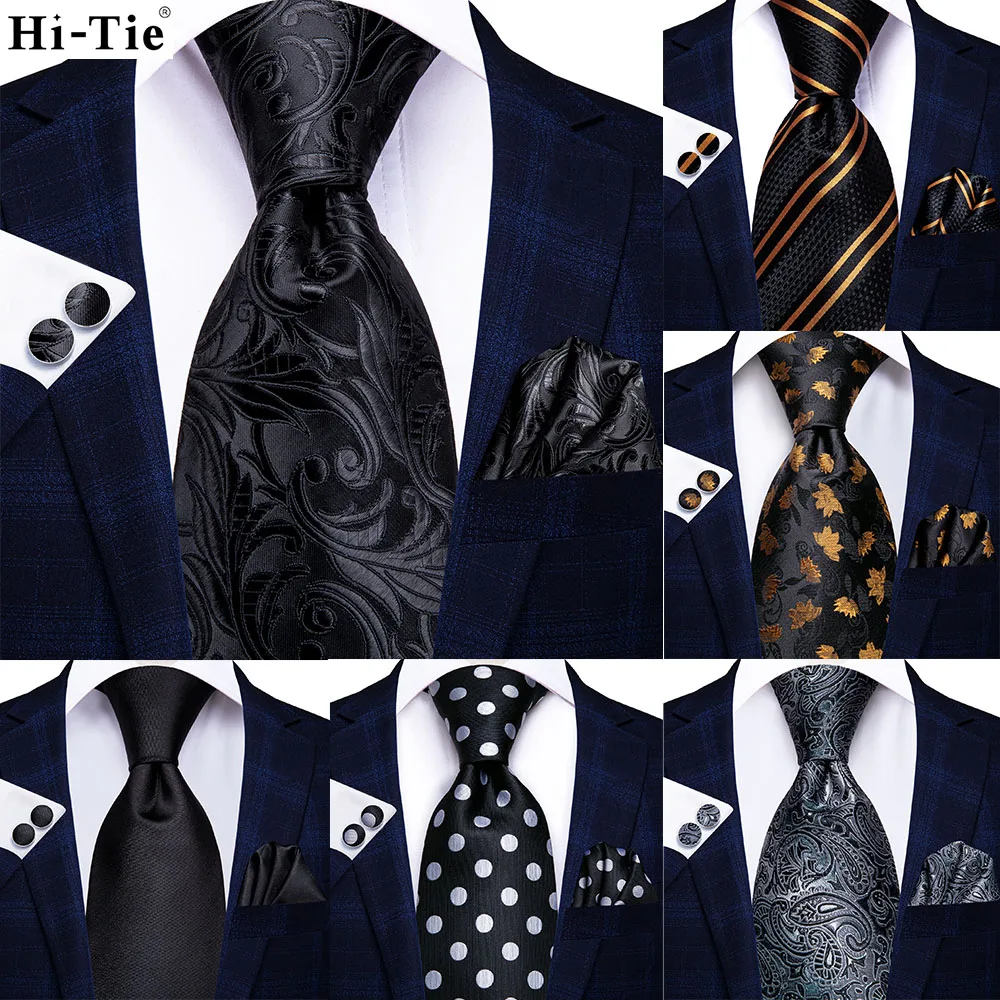 

Hi-tie Design Black Solid Dot Silk Wedding Tie For Men Hanky Cufflink Gift Men Necktie Gravata Set Fashion Business Dropshipping