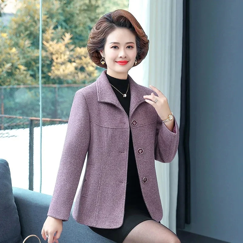 5XL Middle-Aged Elderly Mothers Spring Autumn Woolen Cloth Women Coat Winter New Ladies Lapel Single-Breasted Woolen Jacket