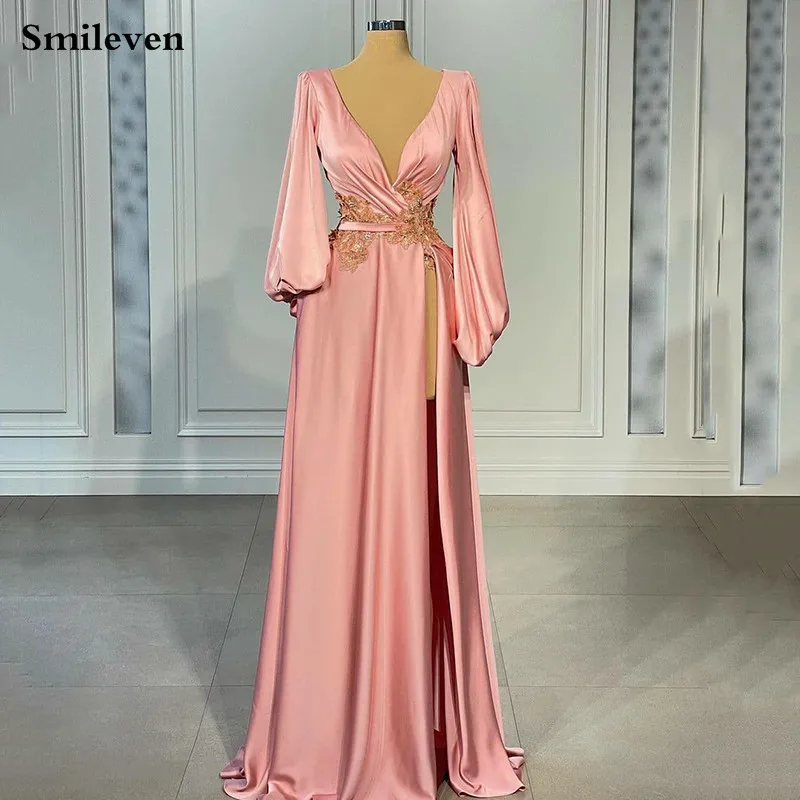 Smileven สีชมพู V คอซาอุดีอาระเบียชุดราตรีพร้อม3D Appliques ชุดพิเศษพัฟชุดราตรี Gowns