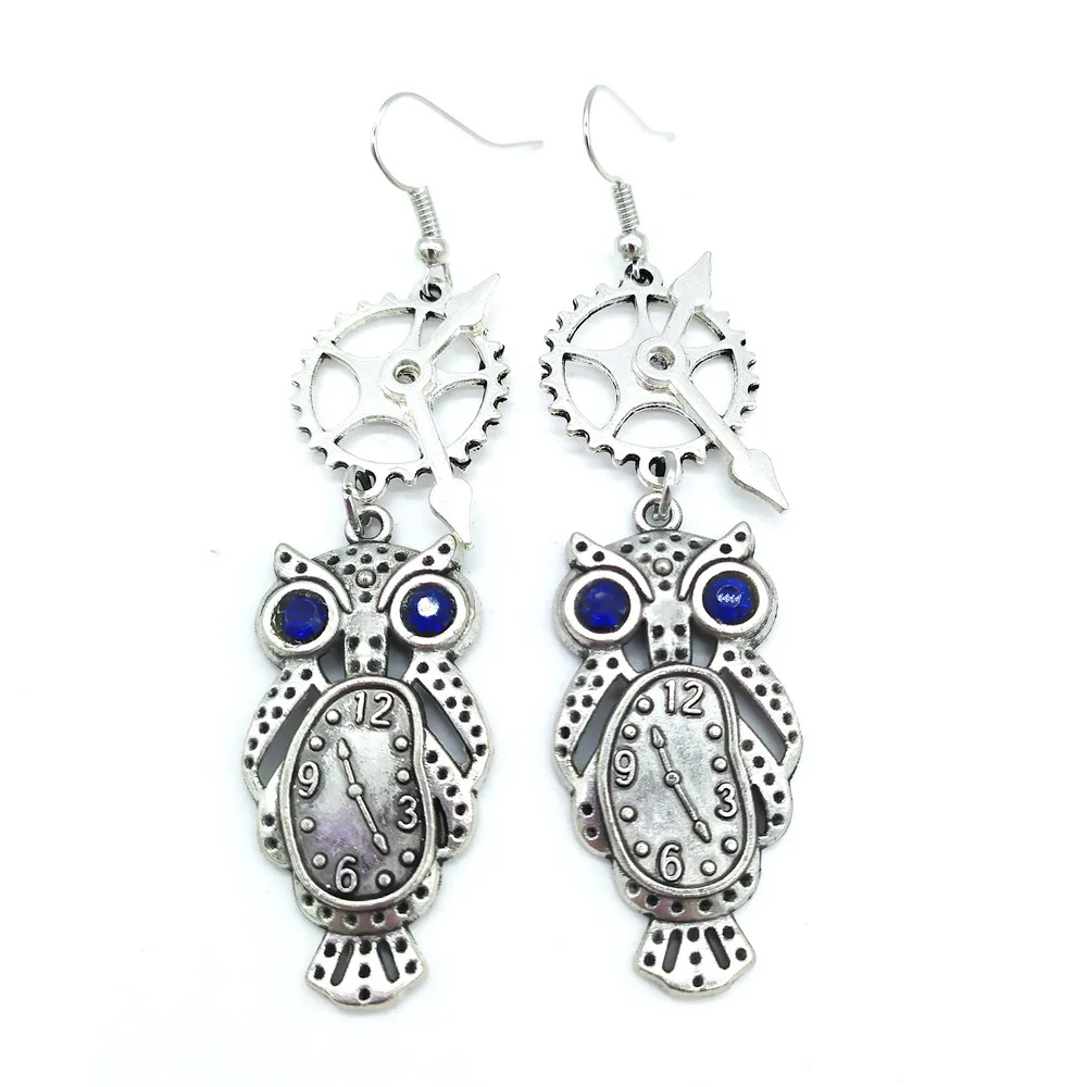 Antique Silver Plated Clock Owls Vintage Steampunk Earrings