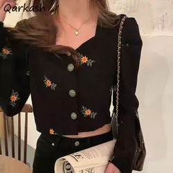 Shirts Women Embroidery Elegant Autumn It Floral Crops Vintage Harajuku Blusas Ins Casual Mujer Tops Femme Square Collar Classic