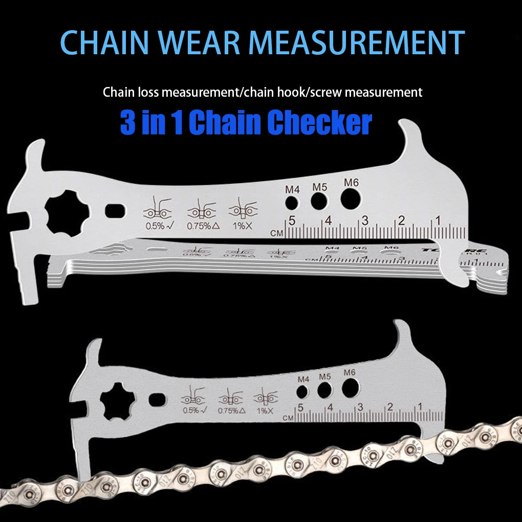 Stainless Multifunction 3 in 1 Bike Chain Checker MTB Bike Road Bicycle Chain Wear Loss Indicator Checker W/Chain Hook