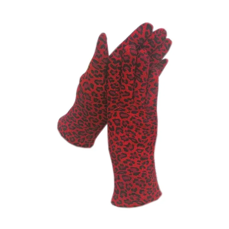 Winter ladies fashion new gloves, red Lycra fabric, leopard print thick velvet material for warmth, driving, cold-proof gloves,