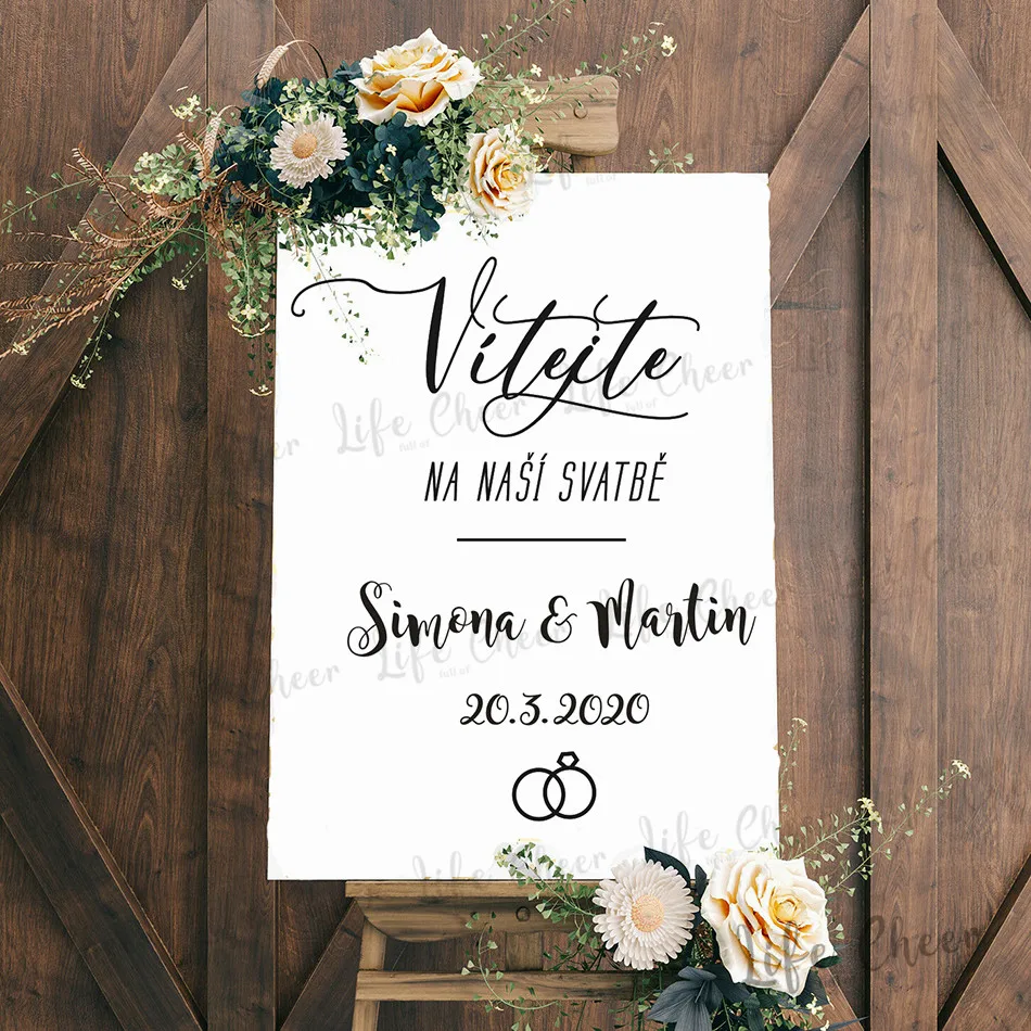 New Design Vítejte Wedding Sign Vinyl Murals Customized Names Date Wedding Mirror Sticker Welcome Board Decals Czech Pattern