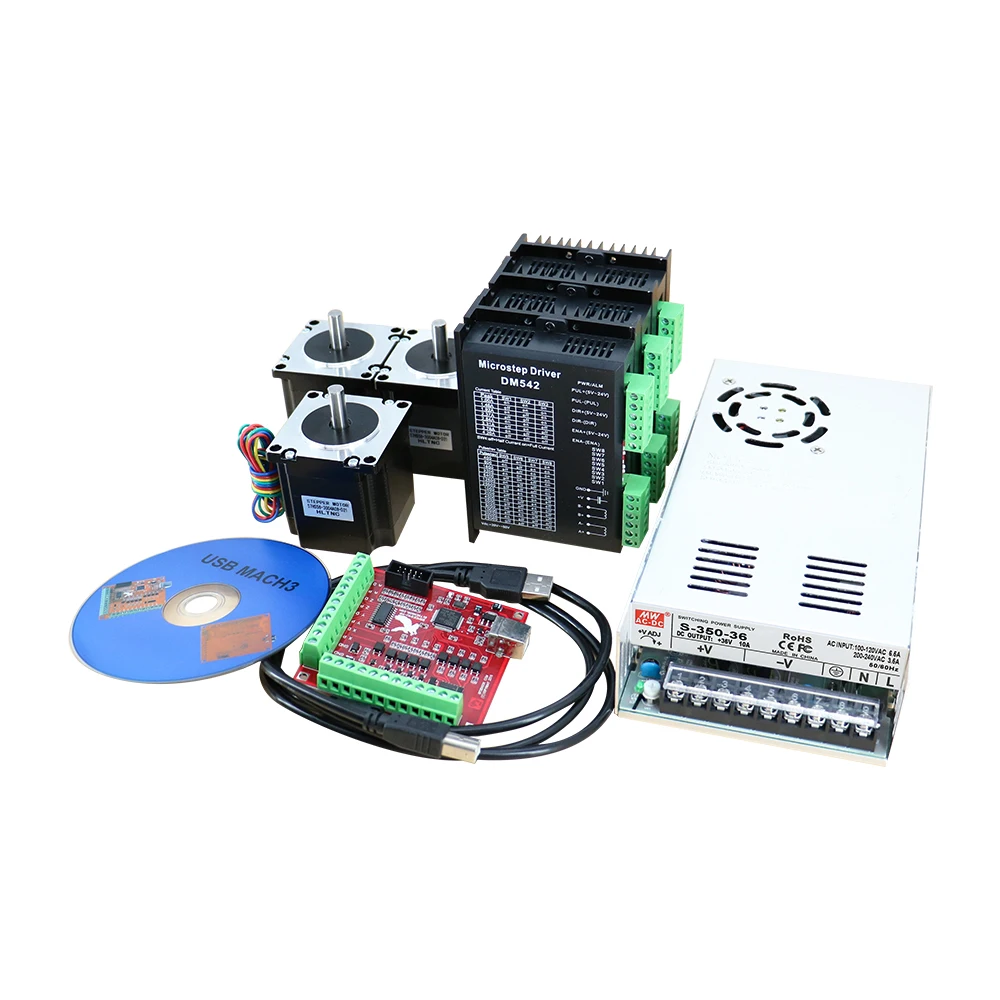 3 محور CNC Nema23 57 محرك متدرج عدة تشمل 3 قطعة 1.2Nm 185oz موتور + 3 قطعة السائقين + 1 قطعة 350w36v امدادات الطاقة + MACH3 بطاقة