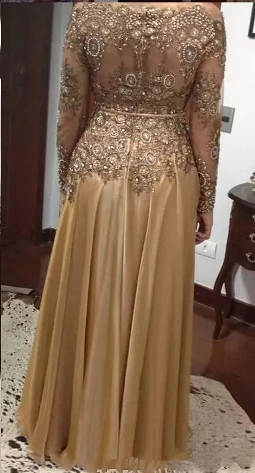 Ponto de renda mangas compridas mãe da noiva vestidos a linha frisado cristal chiffon vestido de festa à noite robe de soirée de mariage