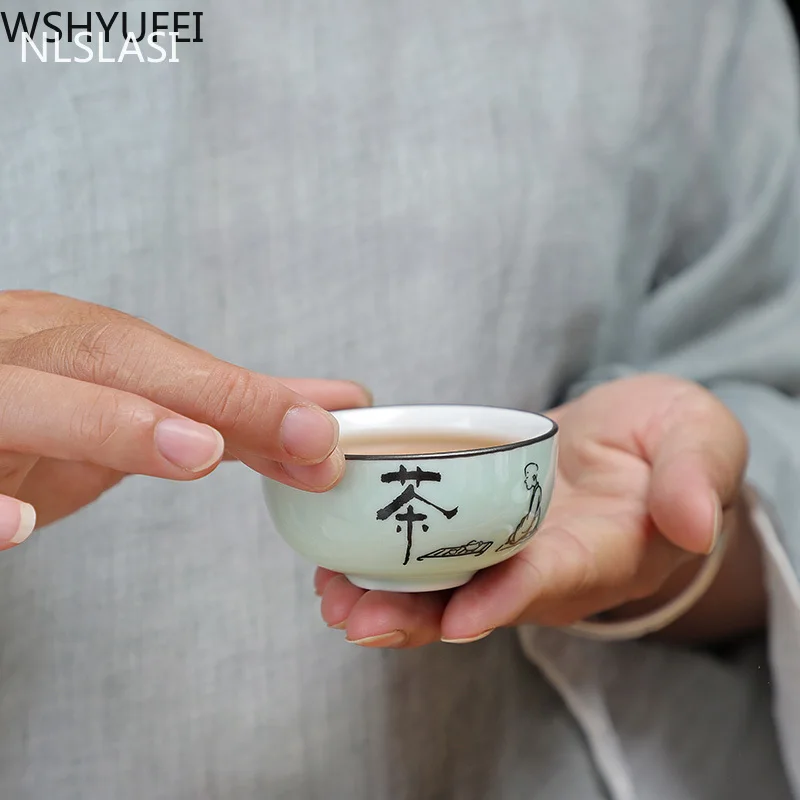 NLSLASI 3pcs/set ceramics tea Cup Longquan Celadon Handmade Tea set Hand painted teacup Personal Cup Master Cup 60ml
