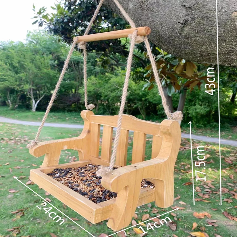 Parrot Wooden Feeder Swing Chair Bird Feeders Food Holder Garden Hanging Swing For Outdoor Courtyard Yard Wild Feed Station