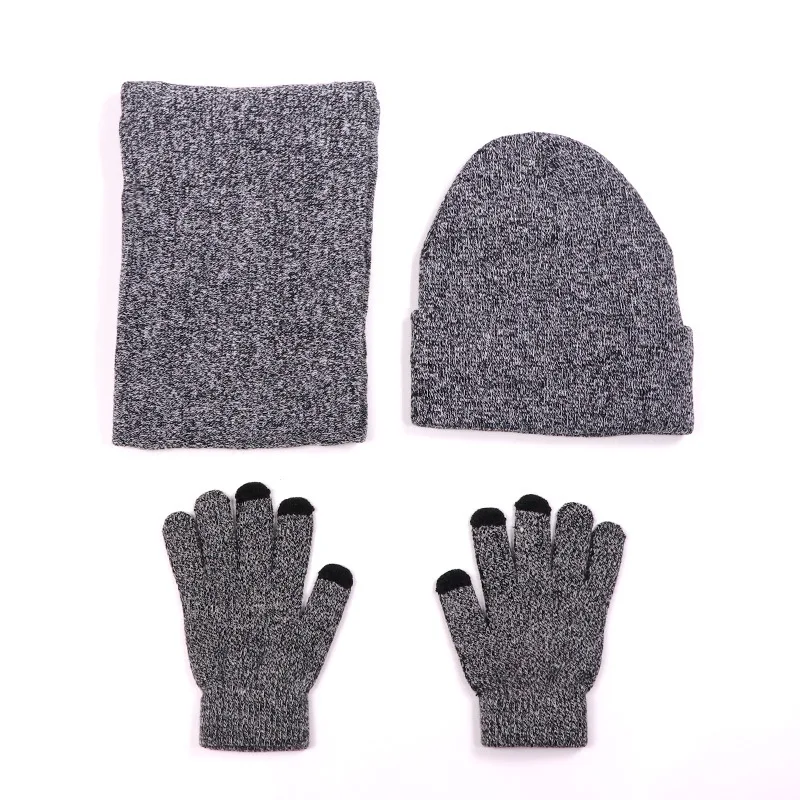 Fleece Lined Warm Winter Knitted Men Women Hat Gloves Set Ring Scarf Grey Wine Red