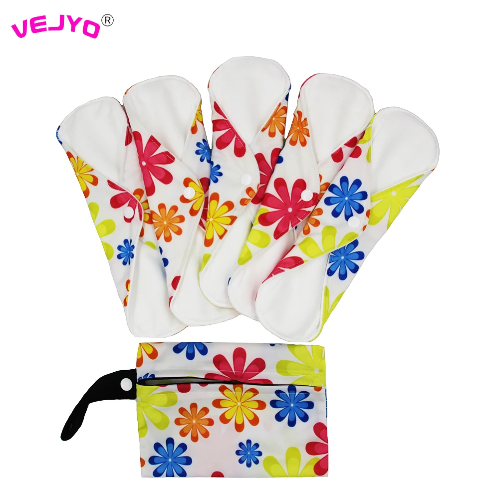 6Pcs/Set 5 Reusable Sanitary Napkin Women Washable Bamboo Cotton Menstrual Cloth Pads Super Waterproof with 1 Storage Bag