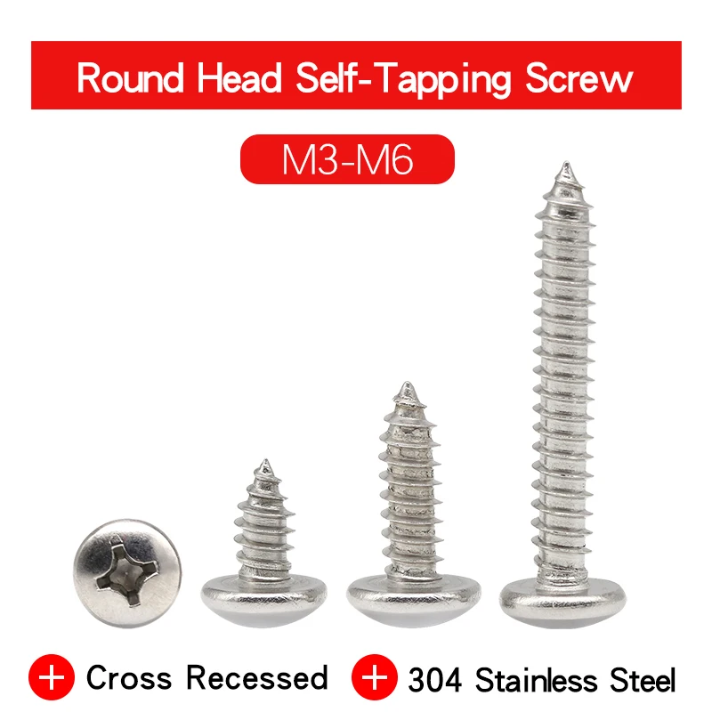 

10-60 PCS Cross Recessed Pan Head Tapping Screw M3 M3.5 M4 M5 M6 304 Stainless Steel Round Head Phillips Screws For Furniture