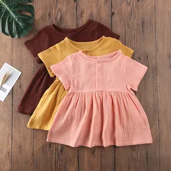 6 Months-3 Years Old Toddler Girl Summer Dress Solid Color Short-Sleeved Button Cotton  Linen Comfortable Cute A-Line Mini Dress