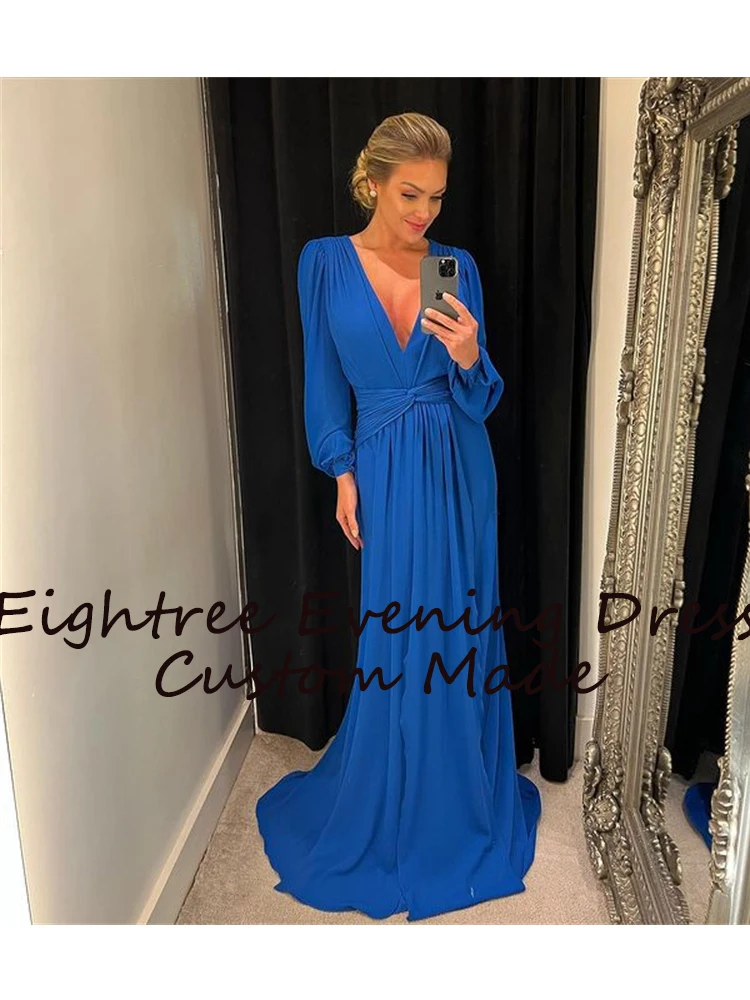 Eightree Blau Lange EINE Linie Volle Hülsen Abendkleider V-ausschnitt Chiffon Saudi-arabien Nacht Formale Party Kleider Prom Kleid vestidos