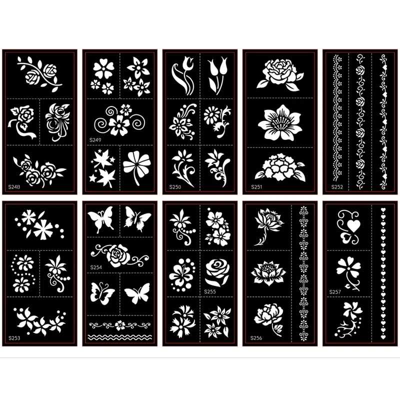 12 Sheets Henna Tattoo Stencils Kit Self-Adhesive Butterfly/Feather/Flower Designs for Body Painting Temporary Templates