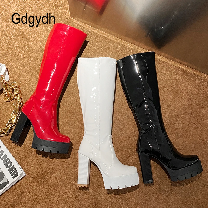 Gdgydh Patent Leather Platform Long Boots Gothic Black White Fashion Square Heel Knee High Boots Women With Zipper Good Quality