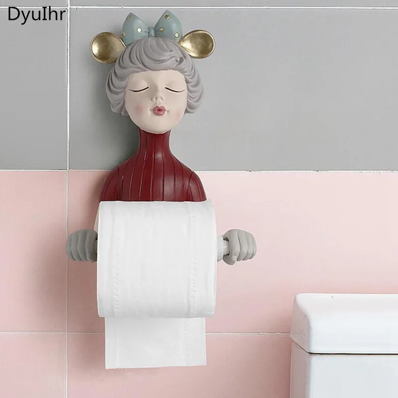 

Nordic bow girl statue roll tissue holder resin tissue box wall-mounted towel holder napkin holder decoration DXUIALOI