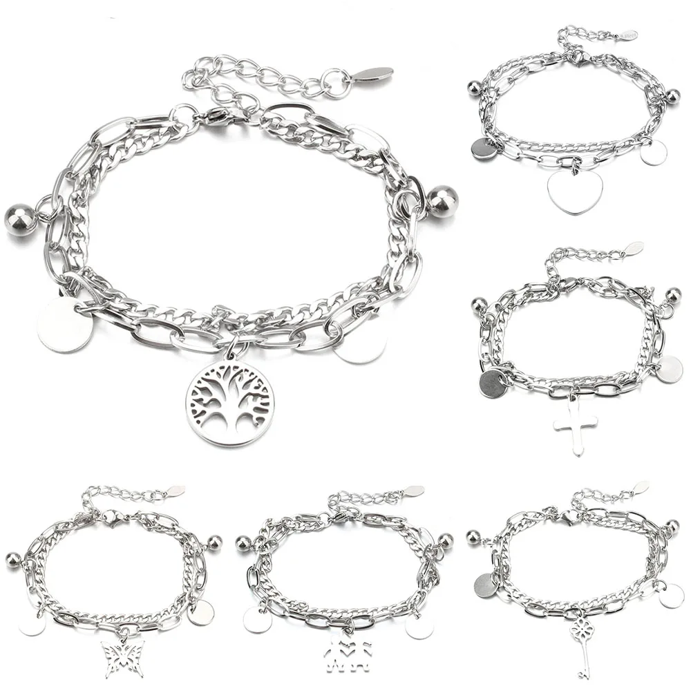 Dropshipping Fashion Stainless Steel Bracelets Tree of life Heart Cross Accessories Charm Bracelet for Women Bracelet Jewelry