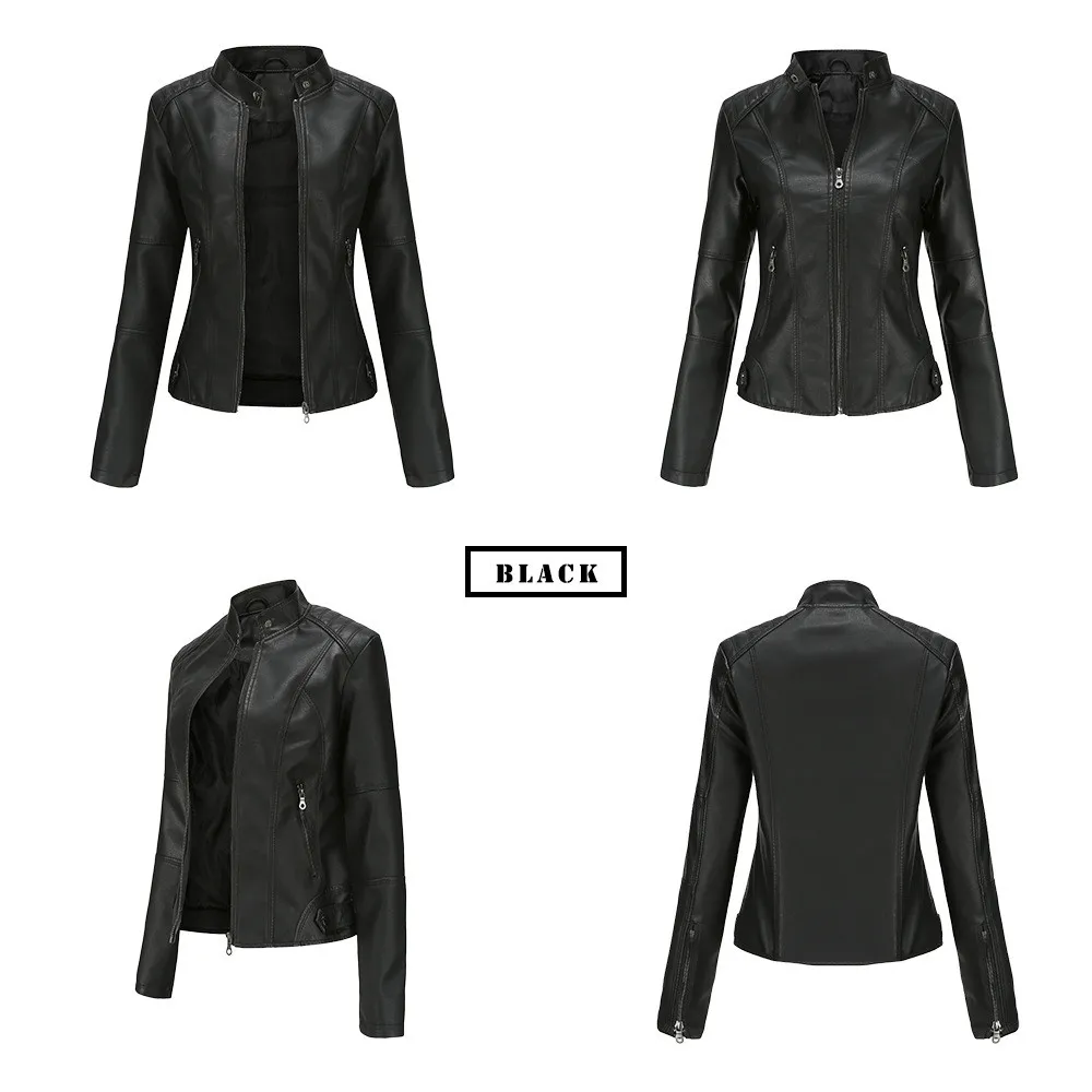 Women Leather Jacket Autumn Thin Ladies Motorcycle Jacket PU Leather Jacket Stand Collar Female Black Faux Leather Outwear
