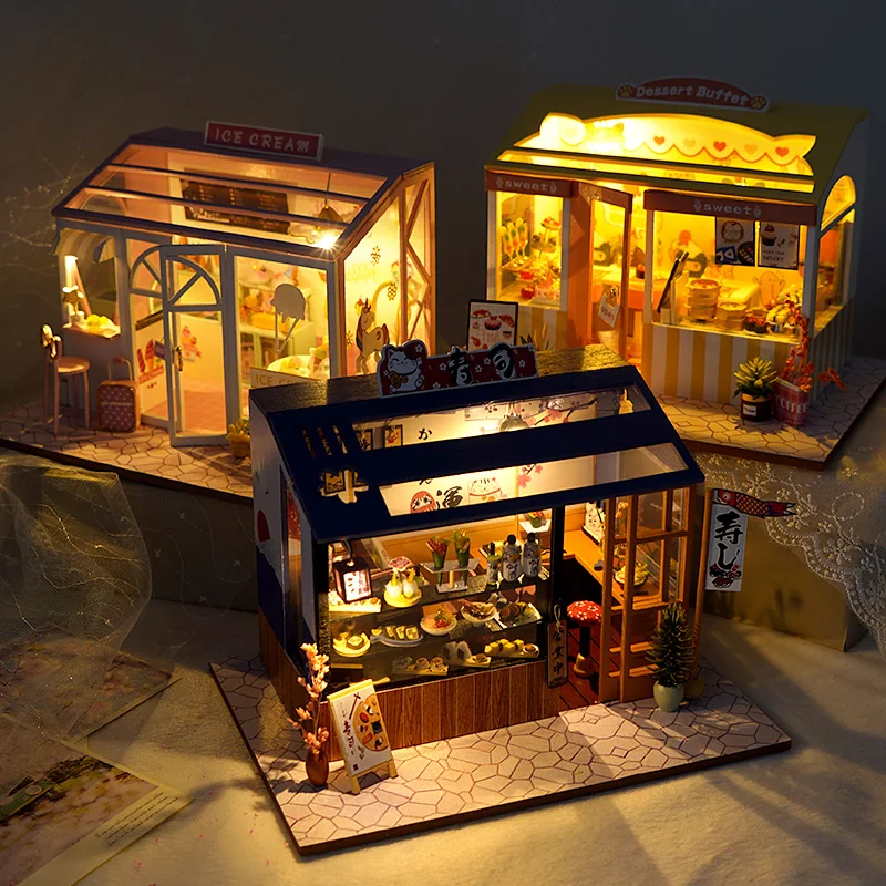 DIY Holz Puppenhaus Montiert Sushi Dessert-Shop Miniatur mit Möbel Puppe Haus Casa Spielzeug für Kinder Erwachsene Geschenke