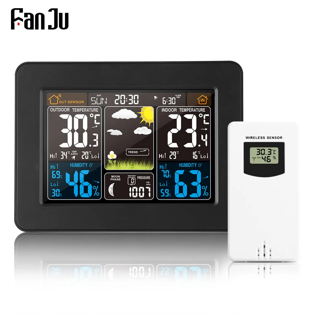 

FanJu Color Weather Station Digital Alarm Clock Temperature Humidity Thermometer Hygrometer Barometer Wireless Outdoor Sensor