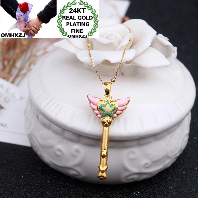 

OMHXZJ Wholesale CA411 European Fashion Woman Girl Party Birthday Wedding Gift Star Angel Fairy Stick 24KT Gold Pendant Charm