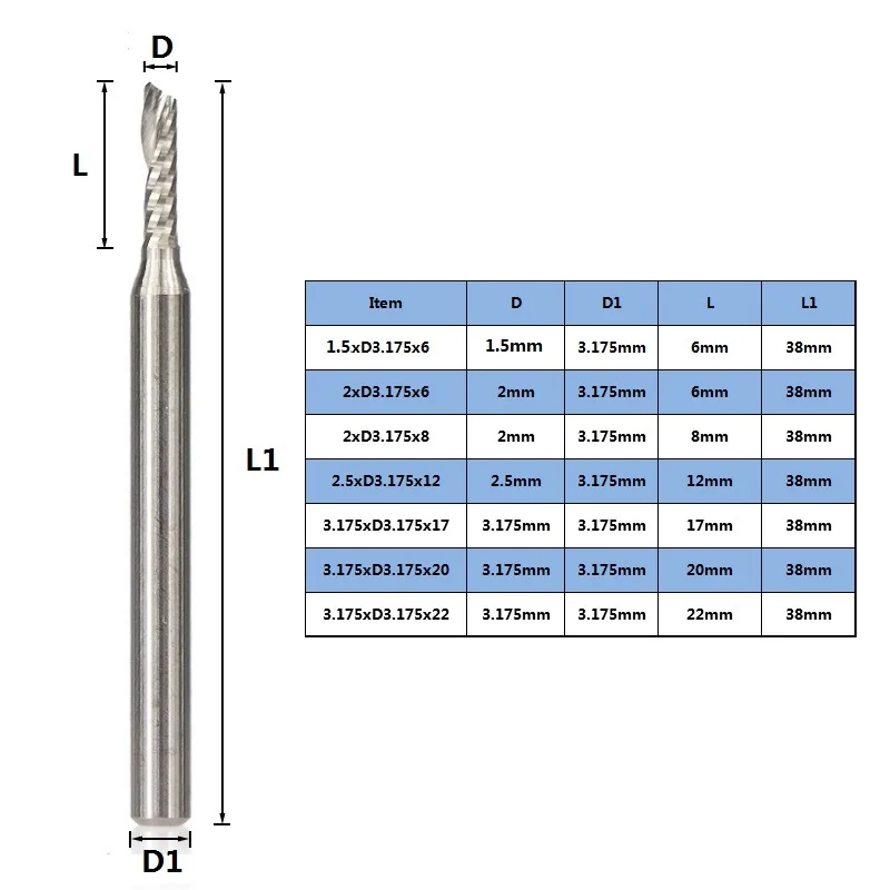 10pcs Single Flute End Mill 3.175mm Shank Spiral Milling Cutter Tungsten Steel Router Bits Carbide End Mill CNC Milling Machine