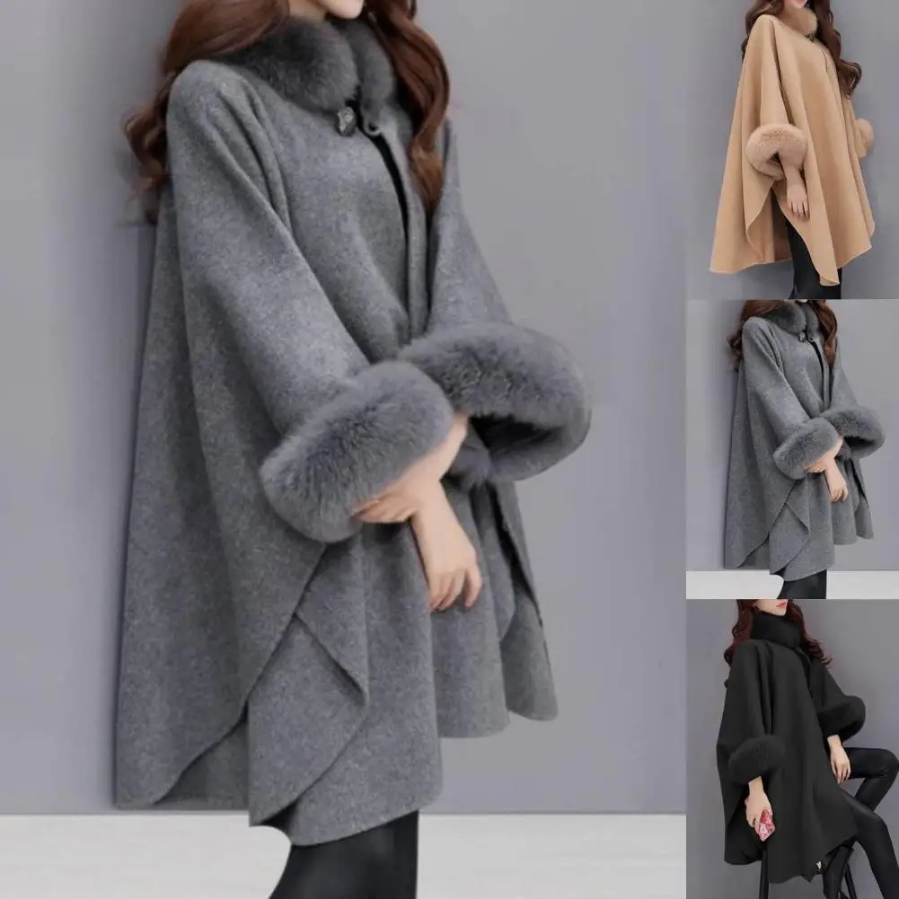 

Cape Women's Coat Winter/Autumn 2021 For Women Solid Color Faux Fur Collar Warm Loose-fitting Mid-length Poncho Coat