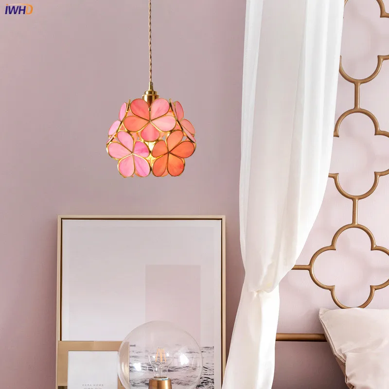 IWHD Nordic Flower Copper Pendant Lighting Fixtures Bedroom Dinning Living Room Glass LED Pendant Light Fixtures Luminaria