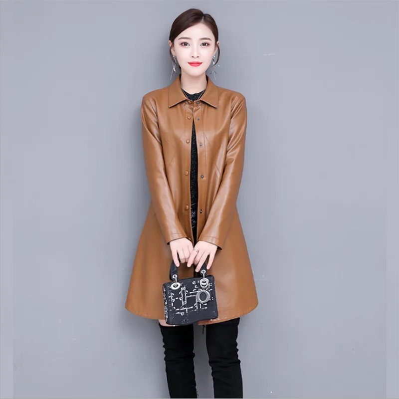 2022 Autumn Winter Women\'s Leather Jacket Fashion Slim Medium-Long Bomber Leather Coat Female Thin Leather Windbreaker Outerwear